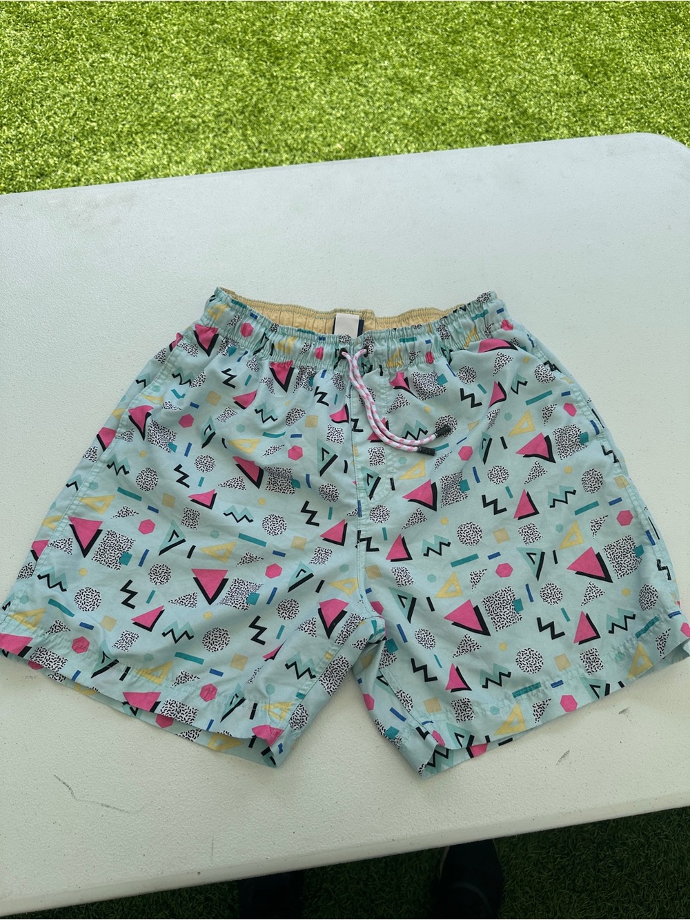 Men's Aqua Geo Print Swim Trunks - Pink & Yellow Accent